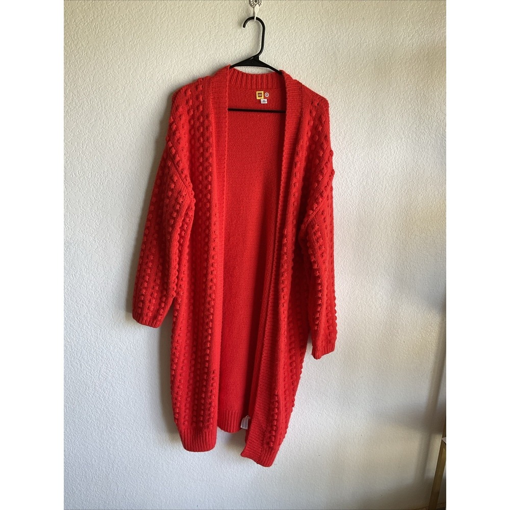 LEGO Target Women's Red Bobble Popcorn Knit Open Front Long Duster Sweater Sz M - Picture 3 of 9